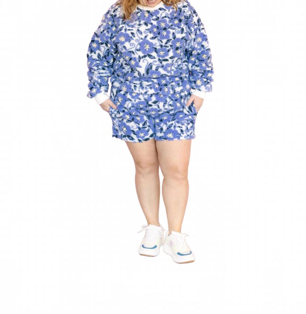 NEW BAEVELY BY WELLMADE floral sherpa pullover top in navy